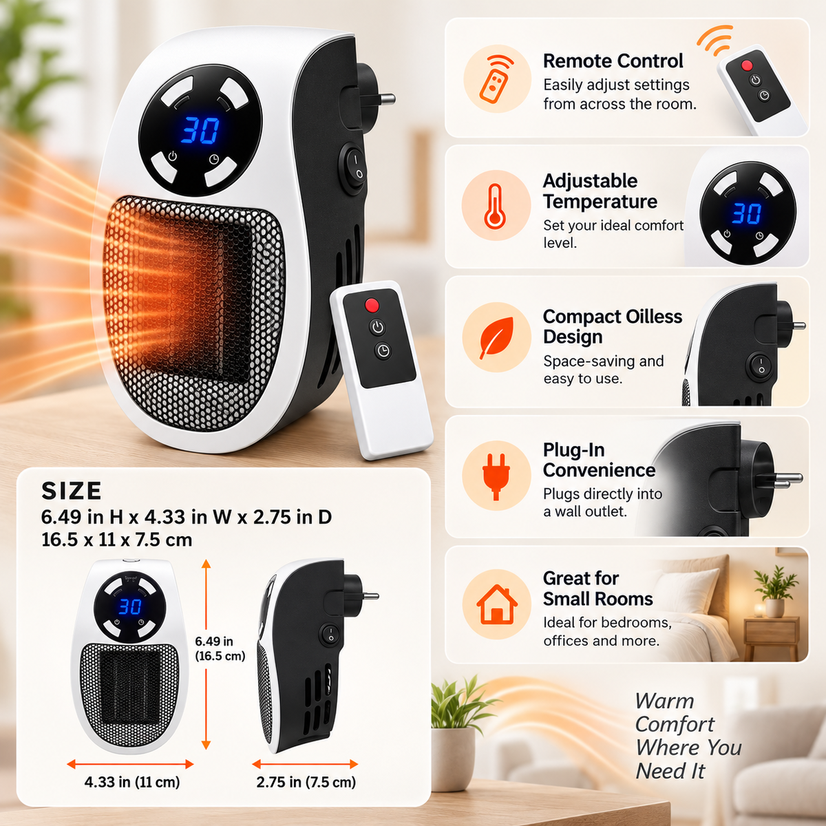 Electric Space Heater – Compact Plug-In Room Heater with Remote Control
