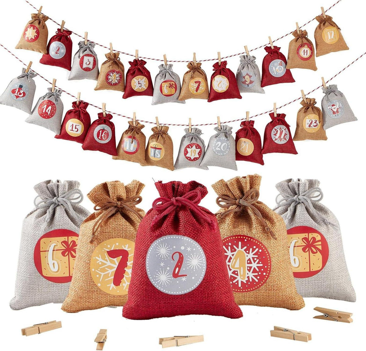 Fillable Advent Calendar with 24 Reusable Gift Bags – Natural Woven, Red & Gray, 5 x 6 in (12 x 16 cm)