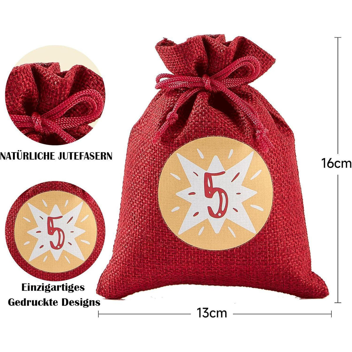 Fillable Advent Calendar with 24 Reusable Gift Bags – Natural Woven, Red & Gray, 5 x 6 in (12 x 16 cm)