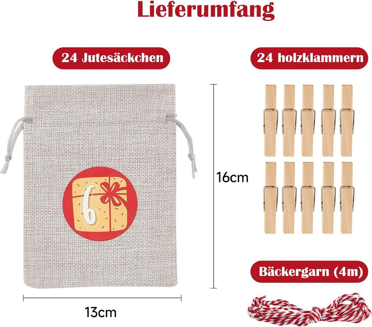 Fillable Advent Calendar with 24 Reusable Gift Bags – Natural Woven, Red & Gray, 5 x 6 in (12 x 16 cm)
