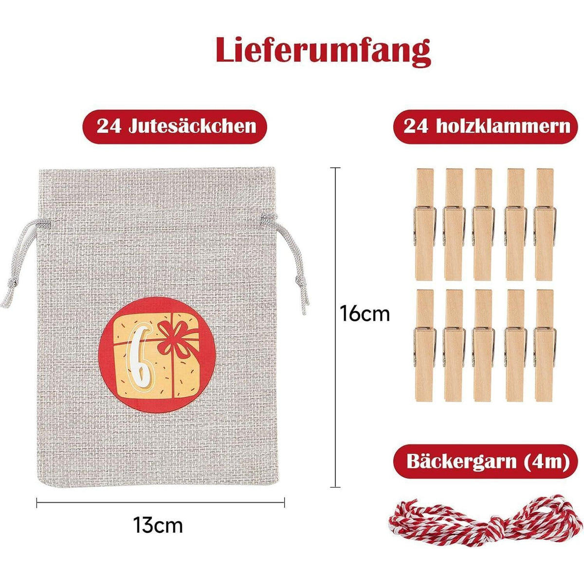 Fillable Advent Calendar with 24 Reusable Gift Bags – Natural Woven, Red & Gray, 5 x 6 in (12 x 16 cm)