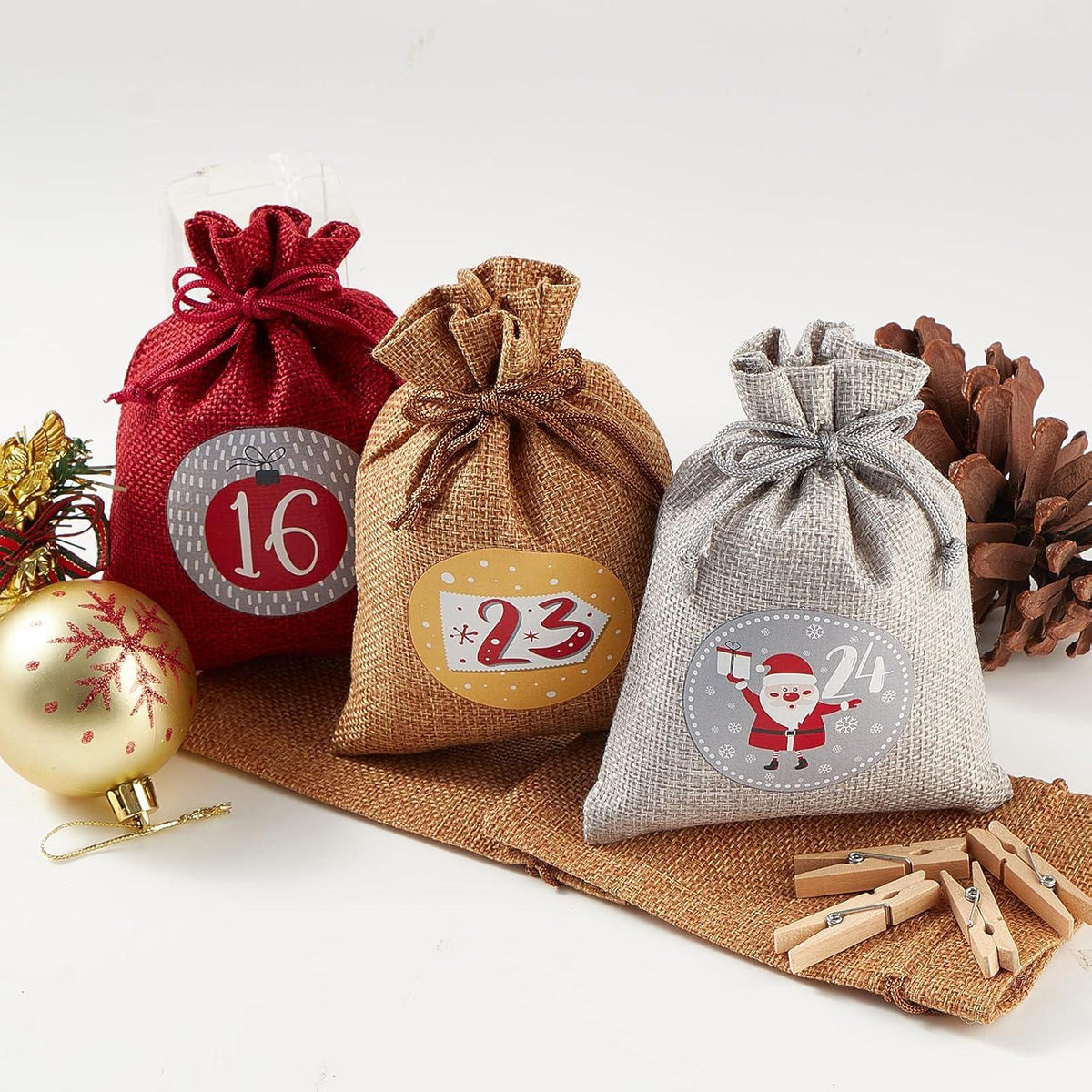 Fillable Advent Calendar with 24 Reusable Gift Bags – Natural Woven, Red & Gray, 5 x 6 in (12 x 16 cm)