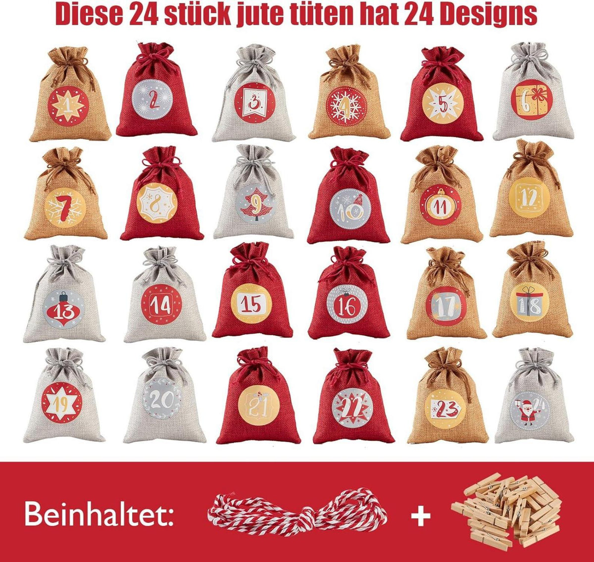 Fillable Advent Calendar with 24 Reusable Gift Bags – Natural Woven, Red & Gray, 5 x 6 in (12 x 16 cm)