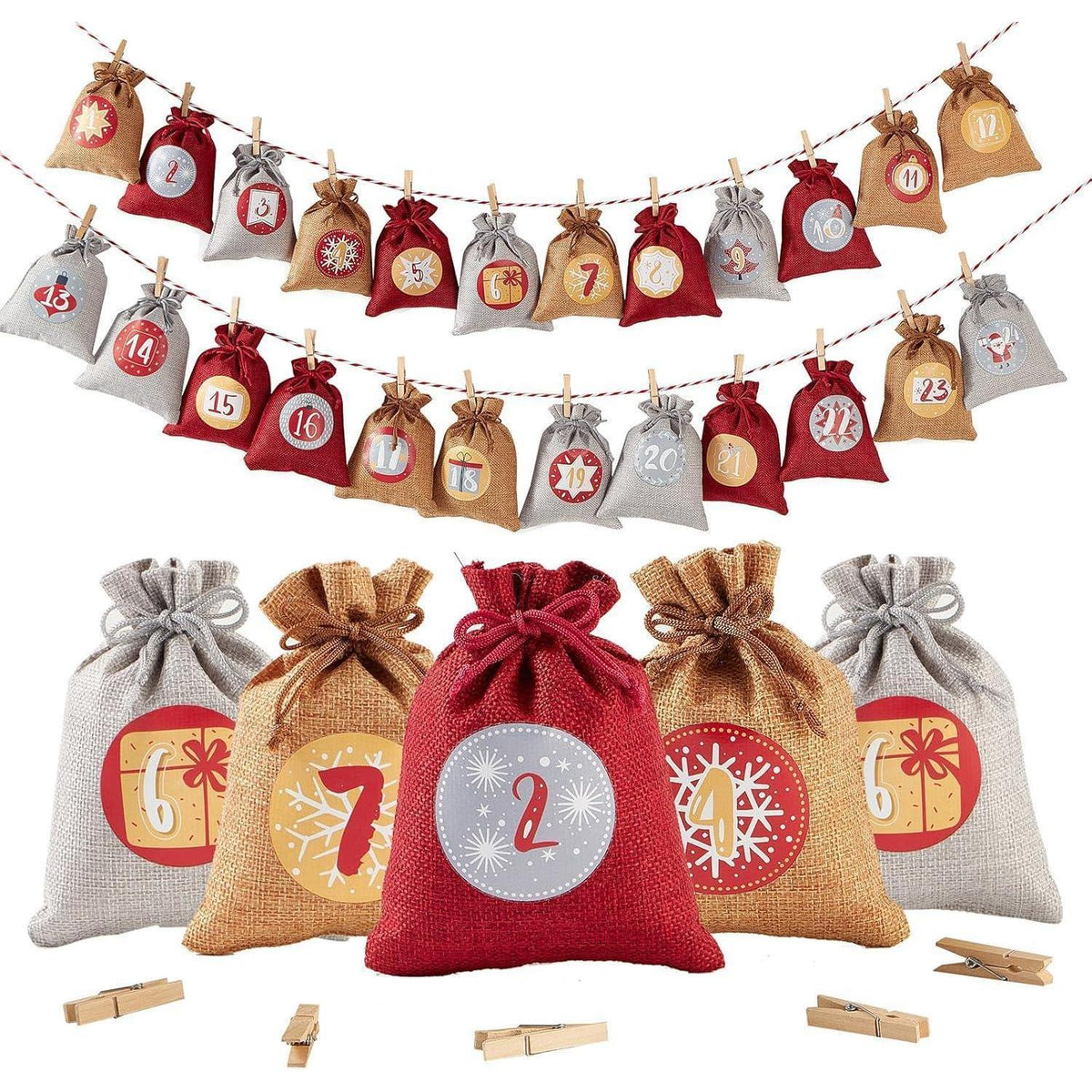 Fillable Advent Calendar with 24 Reusable Gift Bags – Natural Woven, Red & Gray, 5 x 6 in (12 x 16 cm)