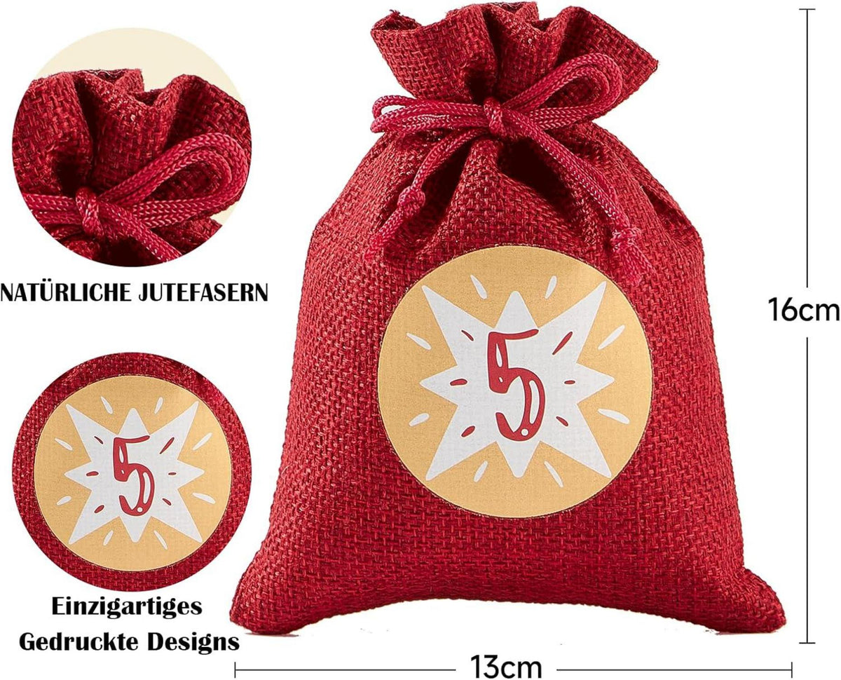 Fillable Advent Calendar with 24 Reusable Gift Bags – Natural Woven, Red & Gray, 5 x 6 in (12 x 16 cm)