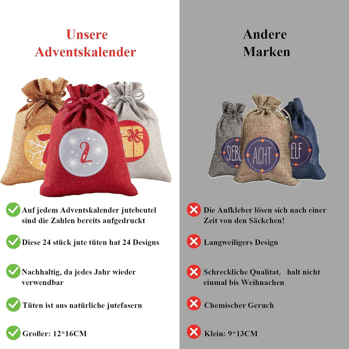 Fillable Advent Calendar with 24 Reusable Gift Bags – Natural Woven, Red & Gray, 5 x 6 in (12 x 16 cm)