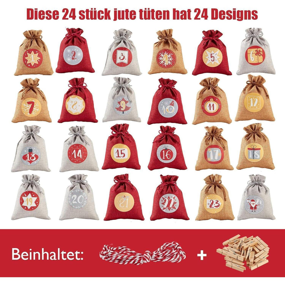 Fillable Advent Calendar with 24 Reusable Gift Bags – Natural Woven, Red & Gray, 5 x 6 in (12 x 16 cm)