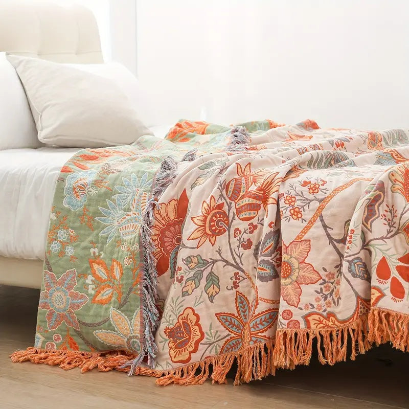 Floral Cotton Throw Blanket – Boho Style, Multiple Sizes