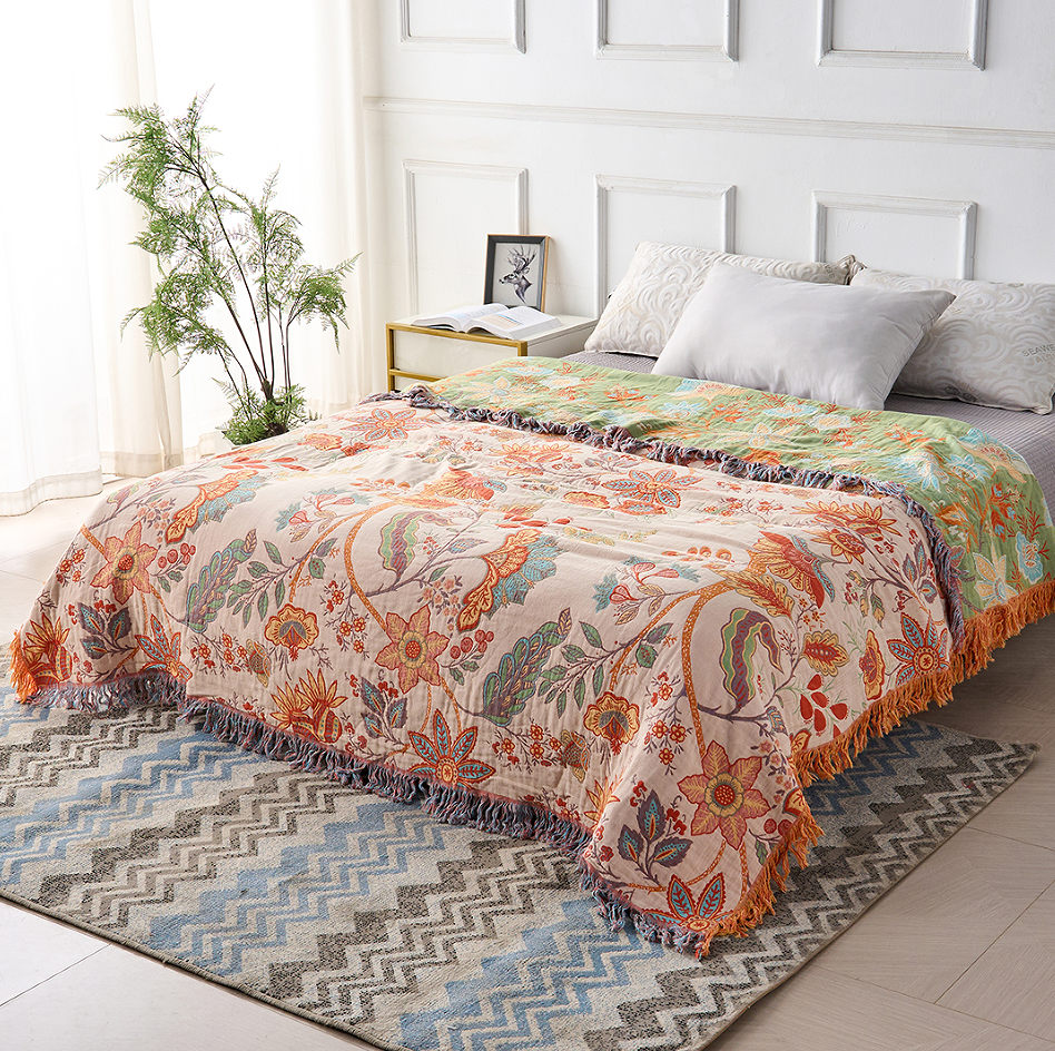 Floral Cotton Throw Blanket – Boho Style, Multiple Sizes