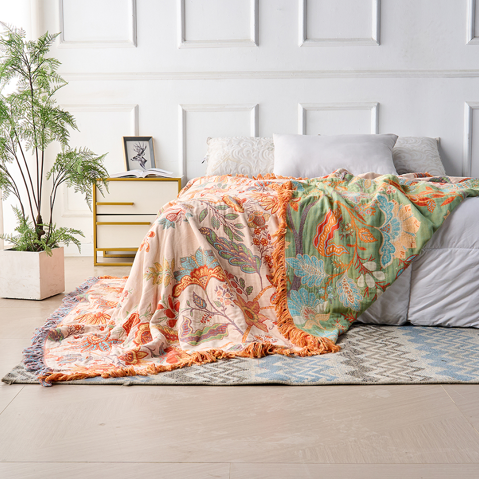 Floral Cotton Throw Blanket – Boho Style, Multiple Sizes
