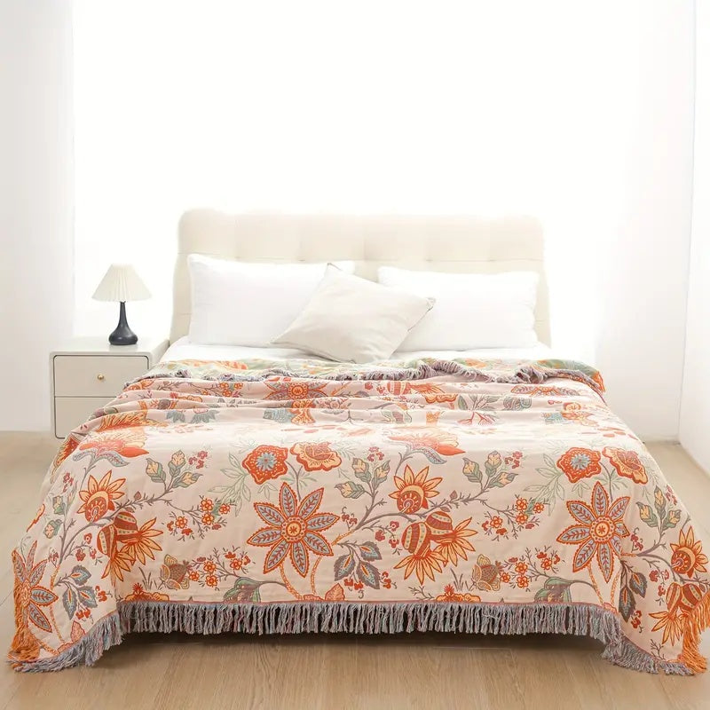 Floral Cotton Throw Blanket – Boho Style, Multiple Sizes