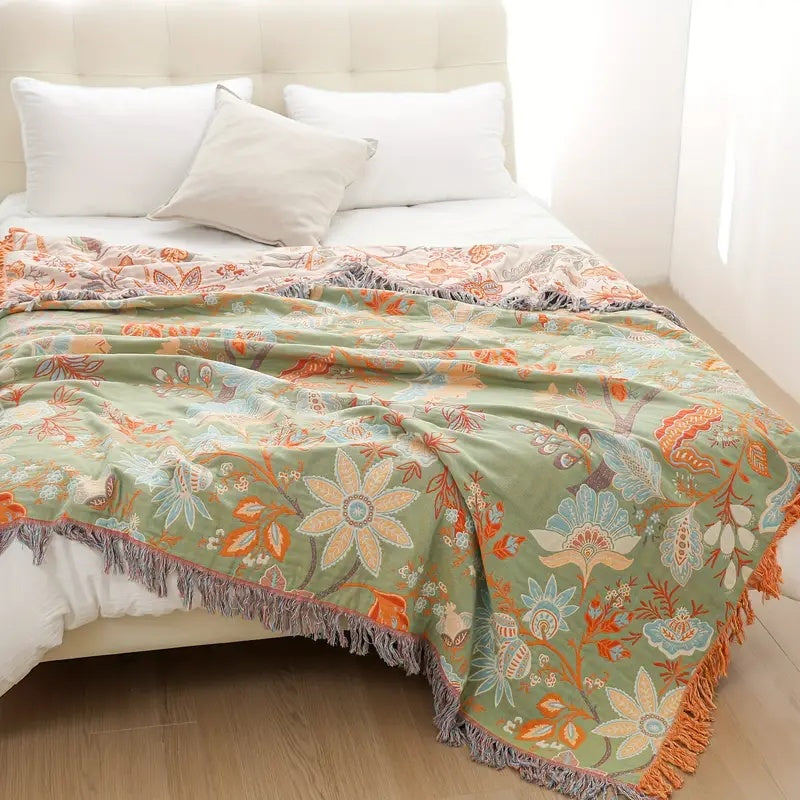 Floral Cotton Throw Blanket – Boho Style, Multiple Sizes