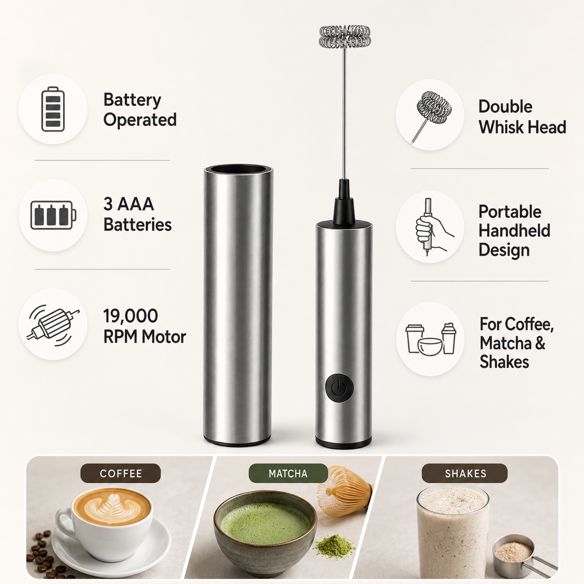 Handheld Milk Frother – Battery Whisk for Coffee & Matcha
