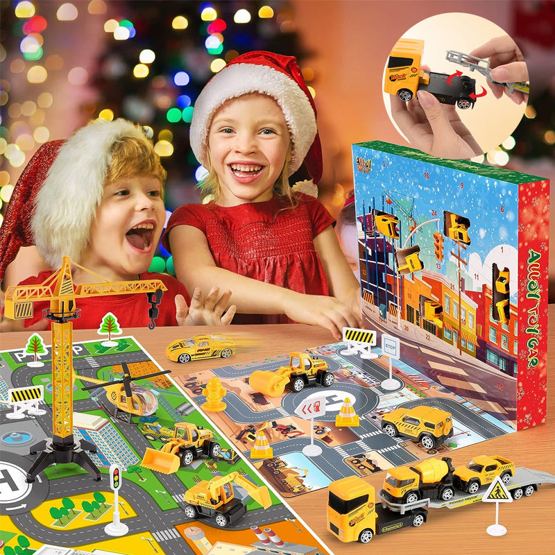 Kids Construction Advent Calendar – Trucks, Crane, Traffic Signs & Play Board, 24 Days