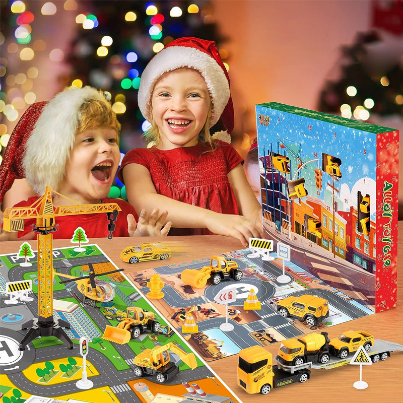 Kids Construction Advent Calendar – Trucks, Crane, Traffic Signs & Play Board, 24 Days