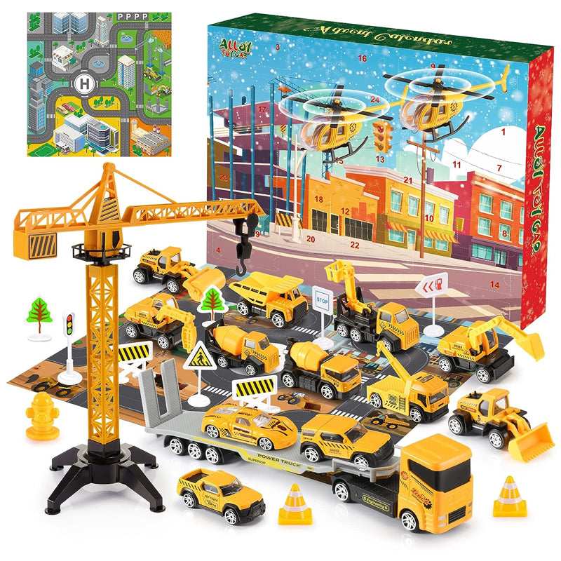 Kids Construction Advent Calendar – Trucks, Crane, Traffic Signs & Play Board, 24 Days