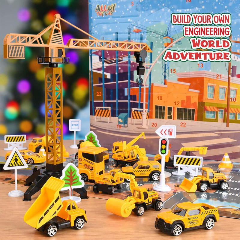 Kids Construction Advent Calendar – Trucks, Crane, Traffic Signs & Play Board, 24 Days
