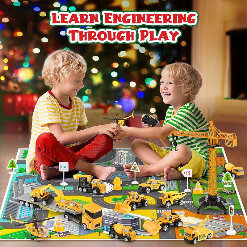 Kids Construction Advent Calendar – Trucks, Crane, Traffic Signs & Play Board, 24 Days