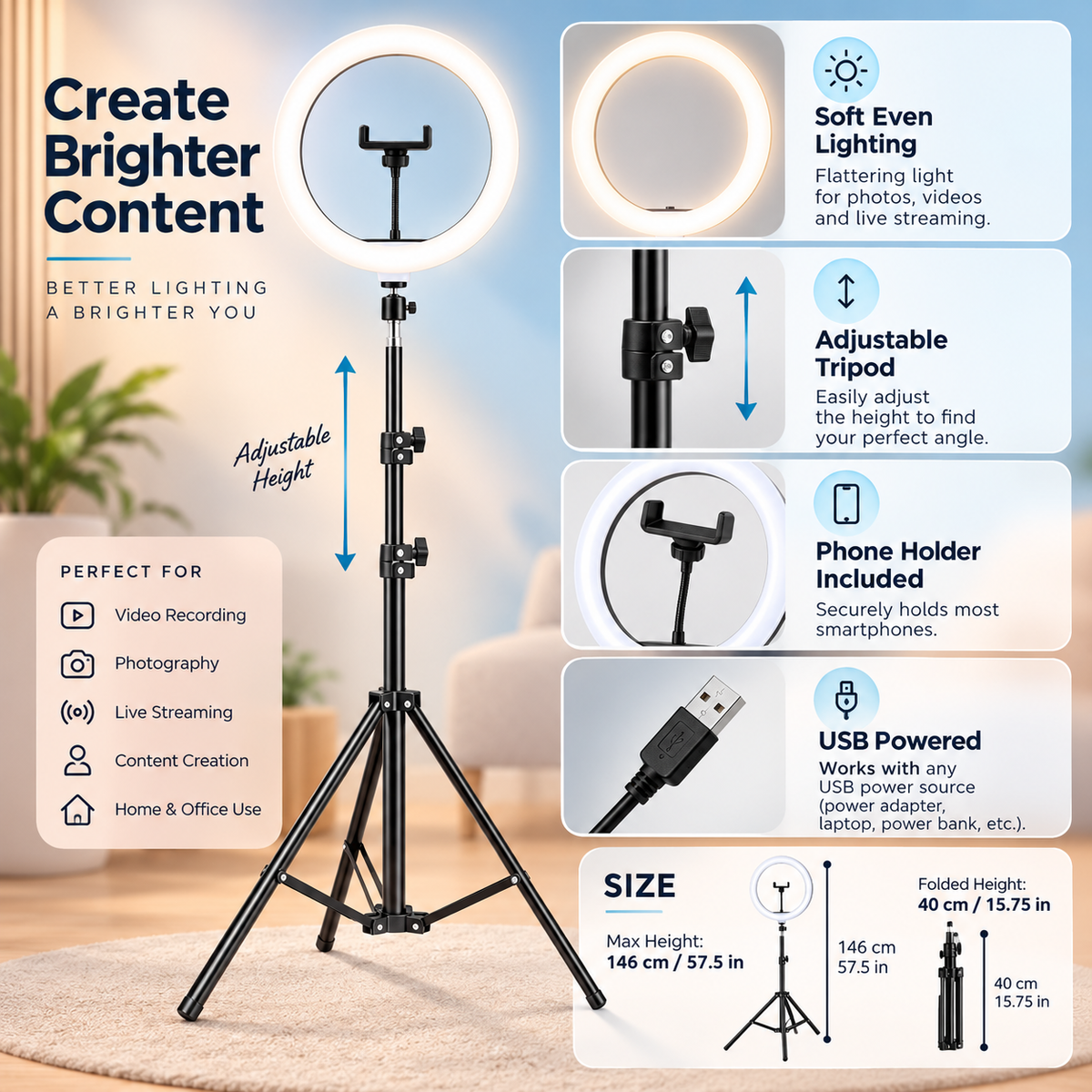 LED Ring Light with Tripod – Adjustable Studio Light and Phone Holder