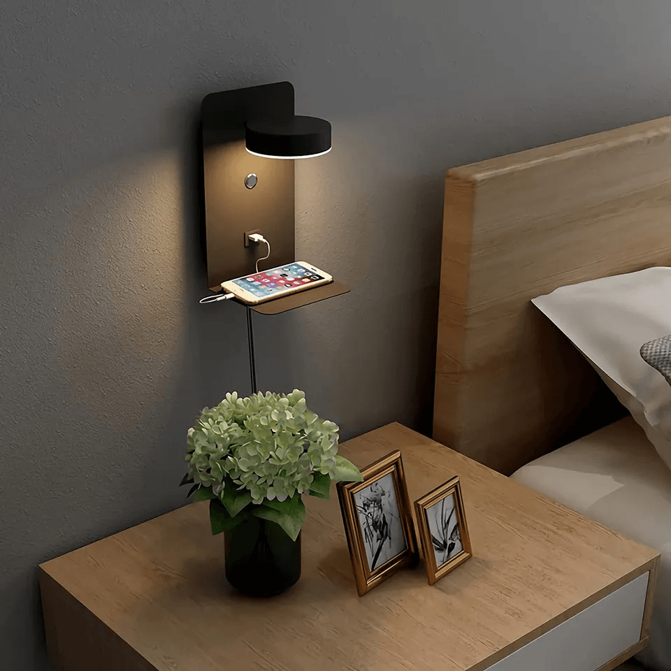 LED Wall Light with Charging Shelf – Bedside Reading Lamp