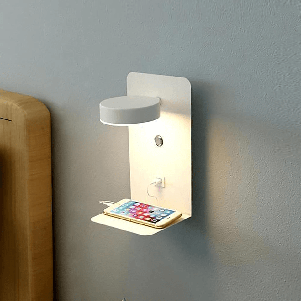 LED Wall Light with Charging Shelf – Bedside Reading Lamp