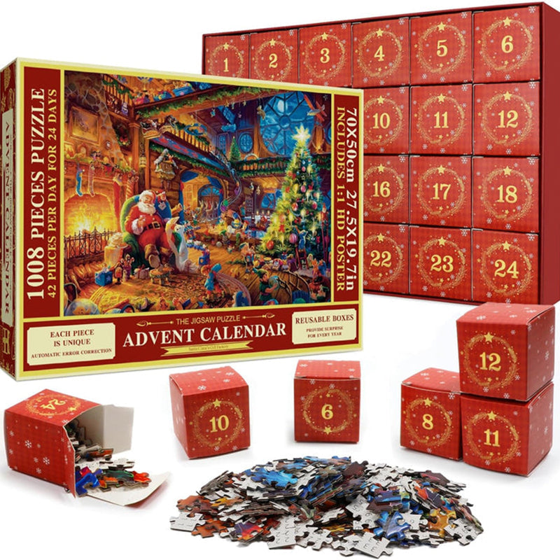 Puzzle Advent Calendar 1008 Pieces – 24 Days, 42 Pieces Daily, Reusable Boxes & Poster