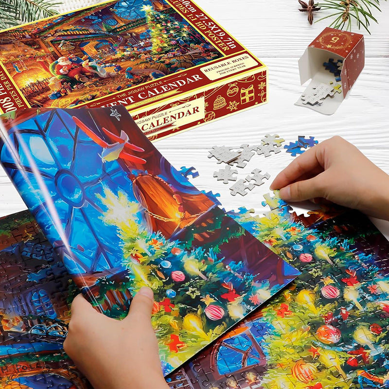 Puzzle Advent Calendar 1008 Pieces – 24 Days, 42 Pieces Daily, Reusable Boxes & Poster