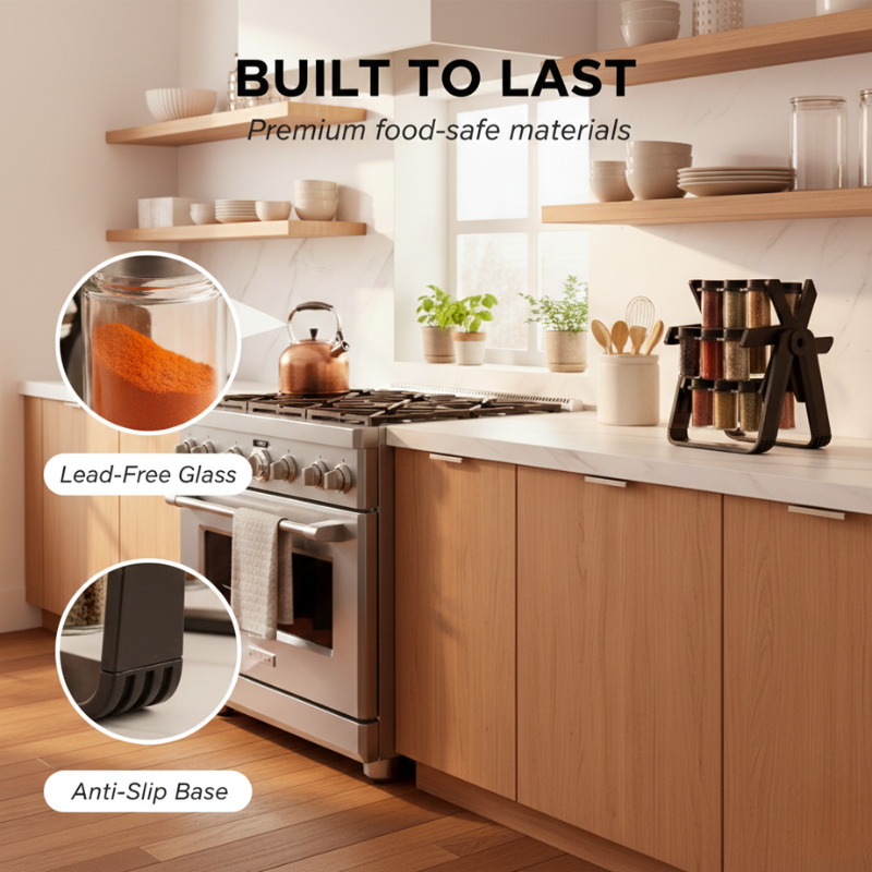 Rotating Spice Rack – Countertop Organiser with 18 Glass Jars