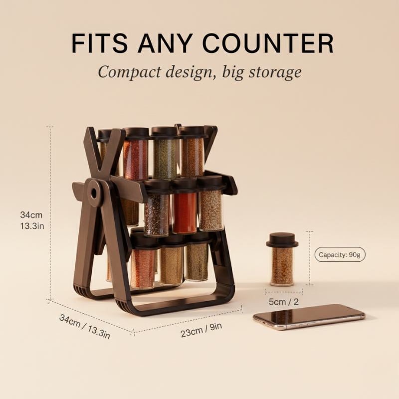 Rotating Spice Rack – Countertop Organiser with 18 Glass Jars