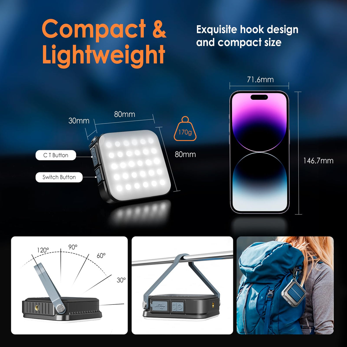 Solar Camping Lantern – IPX6, USB-C Rechargeable LED