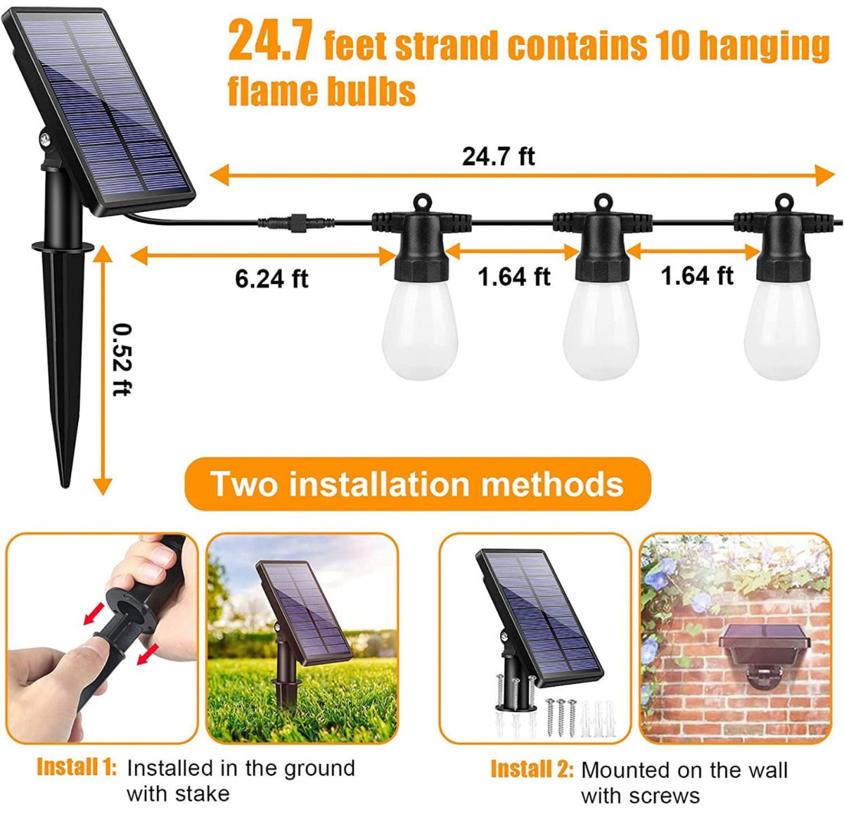 Solar String Lights – 27ft Flickering LED Festoon Bulbs
