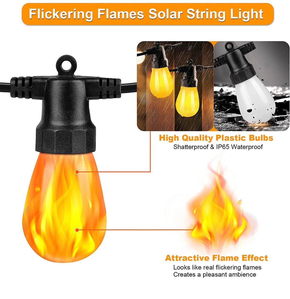 Solar String Lights – 27ft Flickering LED Festoon Bulbs