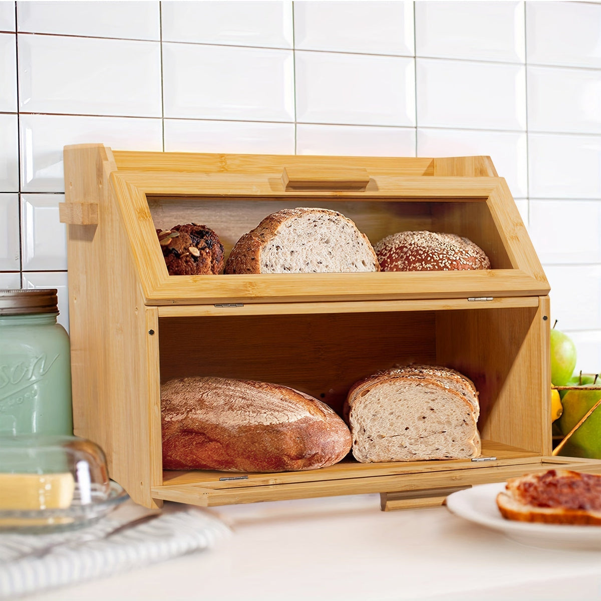 Two-Tier Bread Bin – Bread Box with Viewing Window & Flip Lids