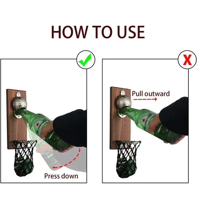 Wall Bottle Opener – Basketball Design with Cap-Catching Net
