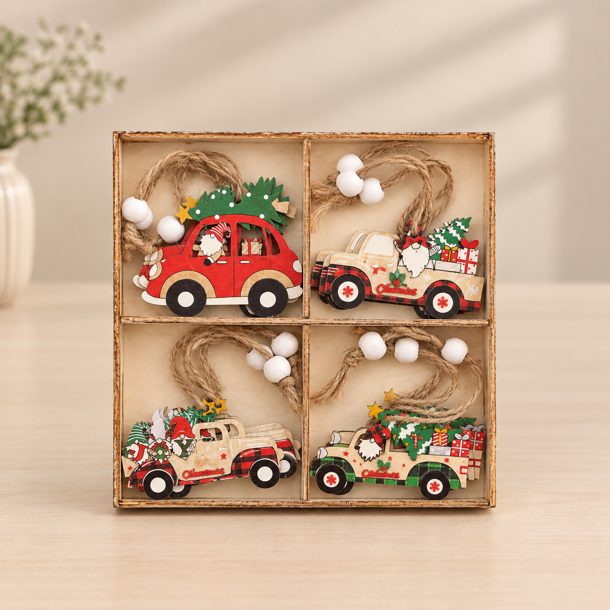 Wooden Gnome Christmas Ornaments – Natural Wood, Set of 9 or 12