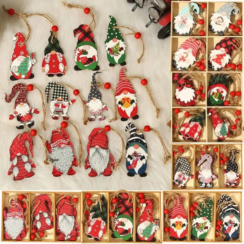 Wooden Gnome Christmas Ornaments – Natural Wood, Set of 9 or 12