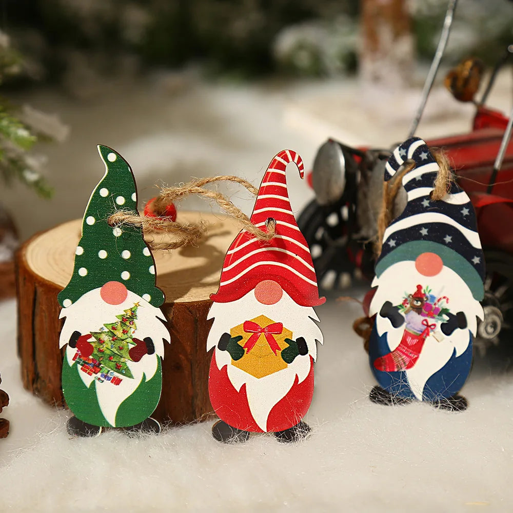 Wooden Gnome Christmas Ornaments – Natural Wood, Set of 9 or 12